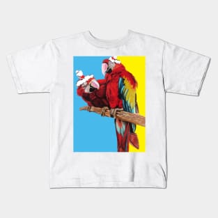 Christmas Macaw - Here Comes Santa Macaws! - on Blue and Yellow Kids T-Shirt